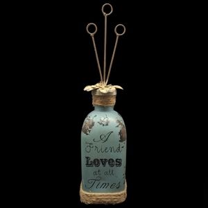 DISTRESSED VTG LOOK GLASS MILK BOTTLE PICTURE HOLDER-A FRIEND LOVES AT ALL TIMES